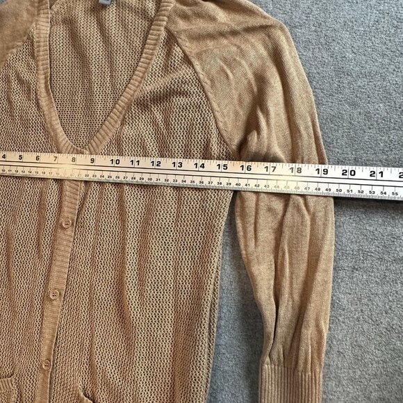Olivia Sky Open Knit Longline Cardigan Tan Lightweight Button Front Sweater M - Picture 4 of 9